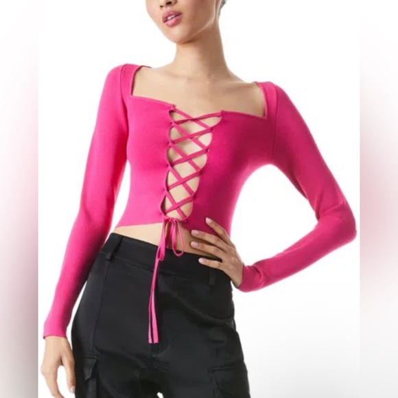 Alice + Olivia Hilaria Lace Front Top in Pink - Picture 2 of 8